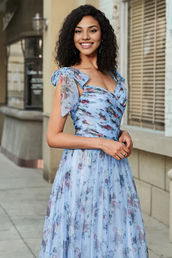 Blue A-Line Printed Adjustable Straps Long Prom Dress simple gentle atmospheric and unique desig
