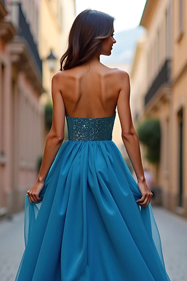 Blue Beaded A Line Strapless Prom Dress with Slit simple gentle atmospheric and unique desi Bring summer colors to enhance whiteness
