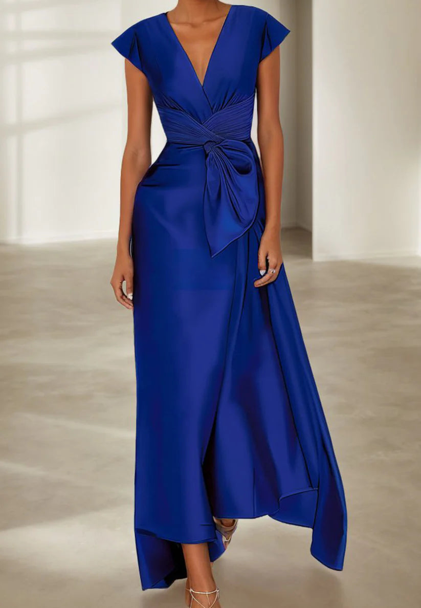 Blue Cap Sleeve Bow Satin A-Line Maxi Dress simple gentle atmospheric and unique desi Bring summer colors to enhance whiteness