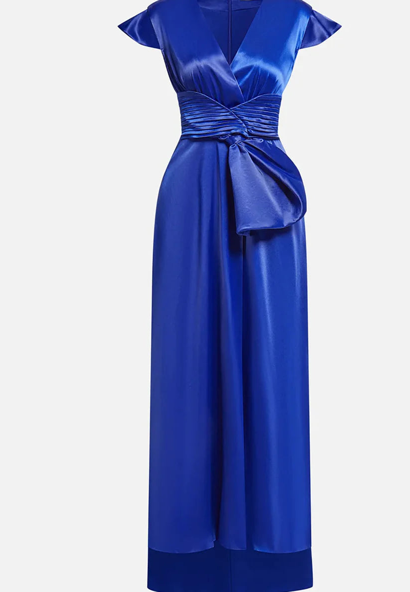 Blue Cap Sleeve Bow Satin A-Line Maxi Dress simple gentle atmospheric and unique desi Bring summer colors to enhance whiteness