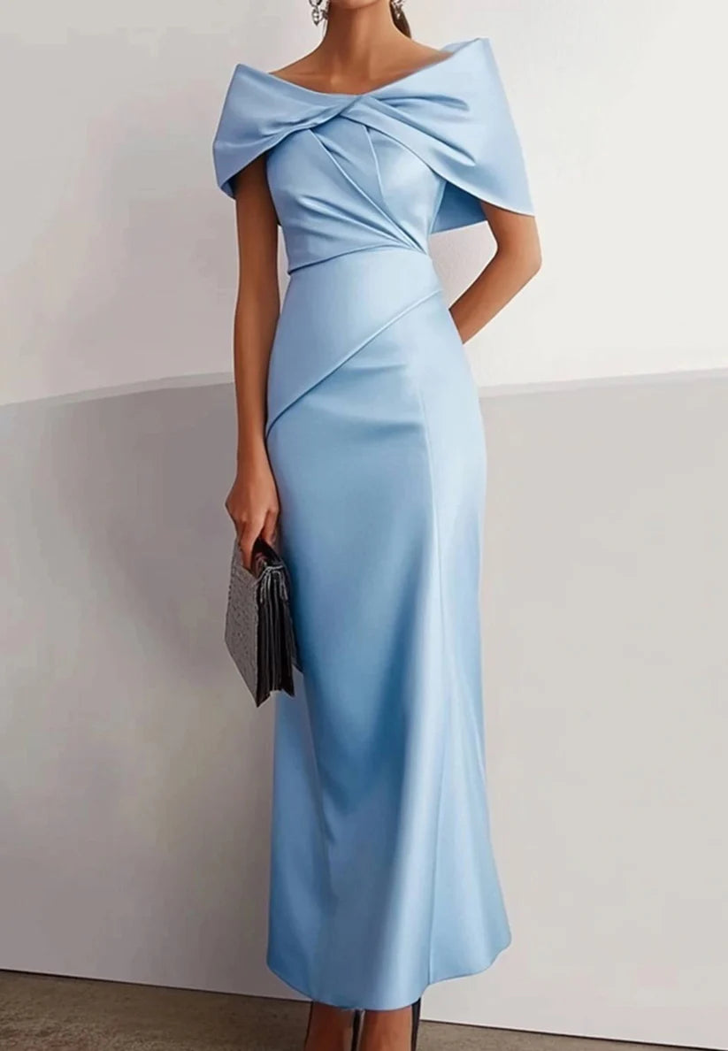 Blue Formal Party Dress Off Shoulder Evening Satin Evening Gown simple gentle atmospheric and unique desi Bring summer colors to enhance whiteness