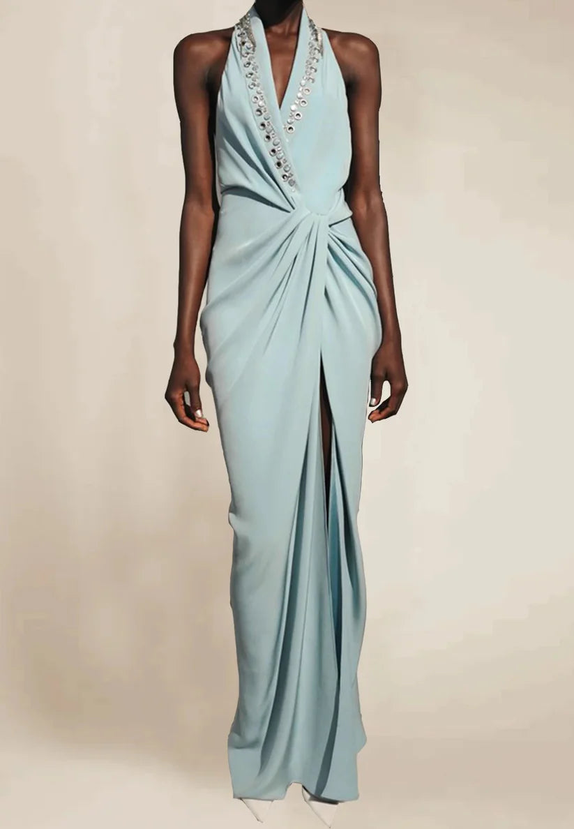 Blue Halter Rhinestones Knot Front Slit Sheath Gown Maxi Dress simple gentle atmospheric and unique desi Bring summer colors to enhance whiteness