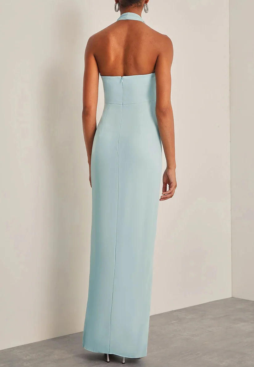 Blue Halter Rhinestones Knot Front Slit Sheath Gown Maxi Dress simple gentle atmospheric and unique desi Bring summer colors to enhance whiteness