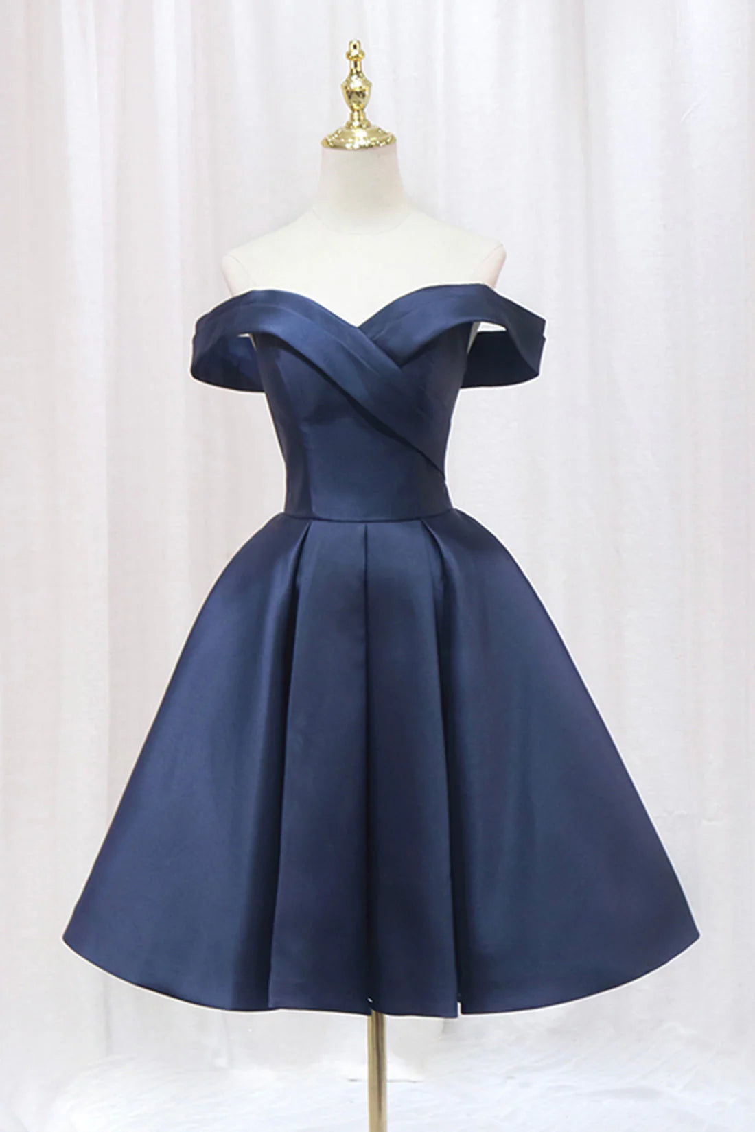 Blue Knee Length Satin Short Prom Dress Off the Shoulder Blue Homecoming Dress simple gentle atmospheric and unique desi Bring summer colors to enhance white