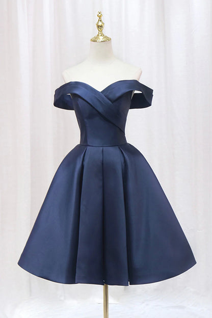 Blue Knee Length Satin Short Prom Dress Off the Shoulder Blue Homecoming Dress simple gentle atmospheric and unique desi Bring summer colors to enhance white