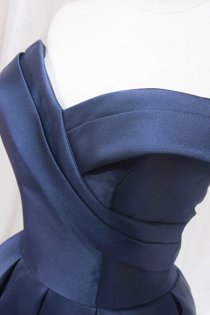 Blue Knee Length Satin Short Prom Dress Off the Shoulder Blue Homecoming Dress simple gentle atmospheric and unique desi Bring summer colors to enhance white