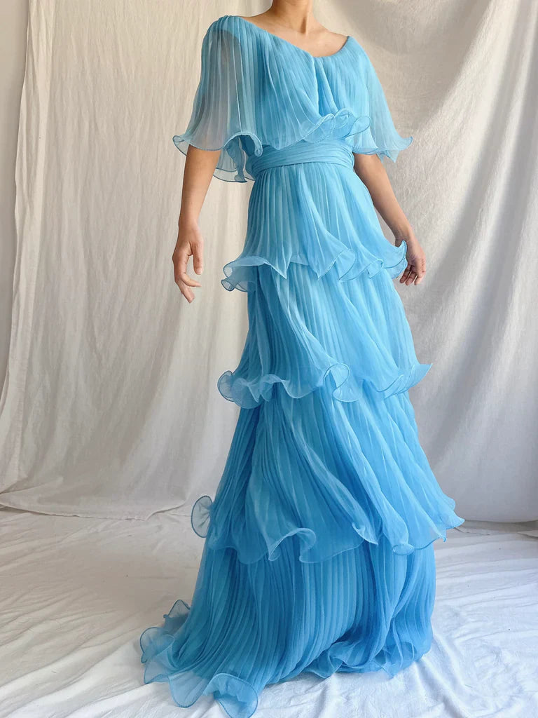 Blue Layered Chiffon A Line V Neck Simple Long Party Dress Evening Dress 18 Birthday Dress simple gentle atmospheric and unique desi Bring summer colors to enhance whiteness
