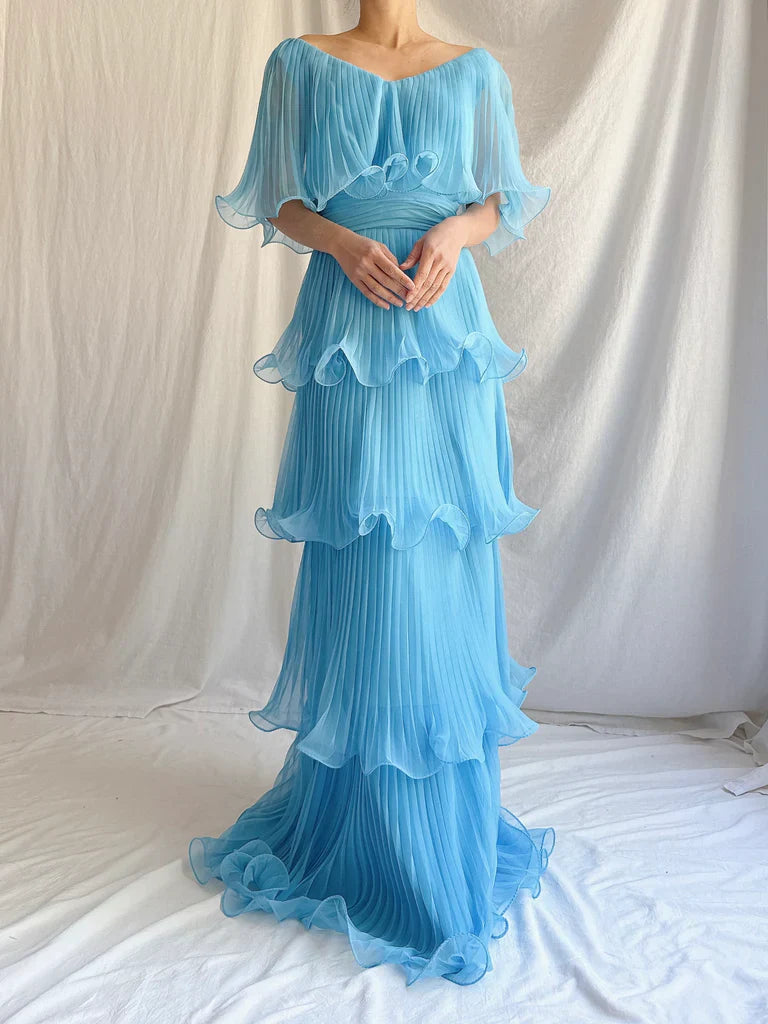 Blue Layered Chiffon A Line V Neck Simple Long Party Dress Evening Dress 18 Birthday Dress simple gentle atmospheric and unique desi Bring summer colors to enhance whiteness