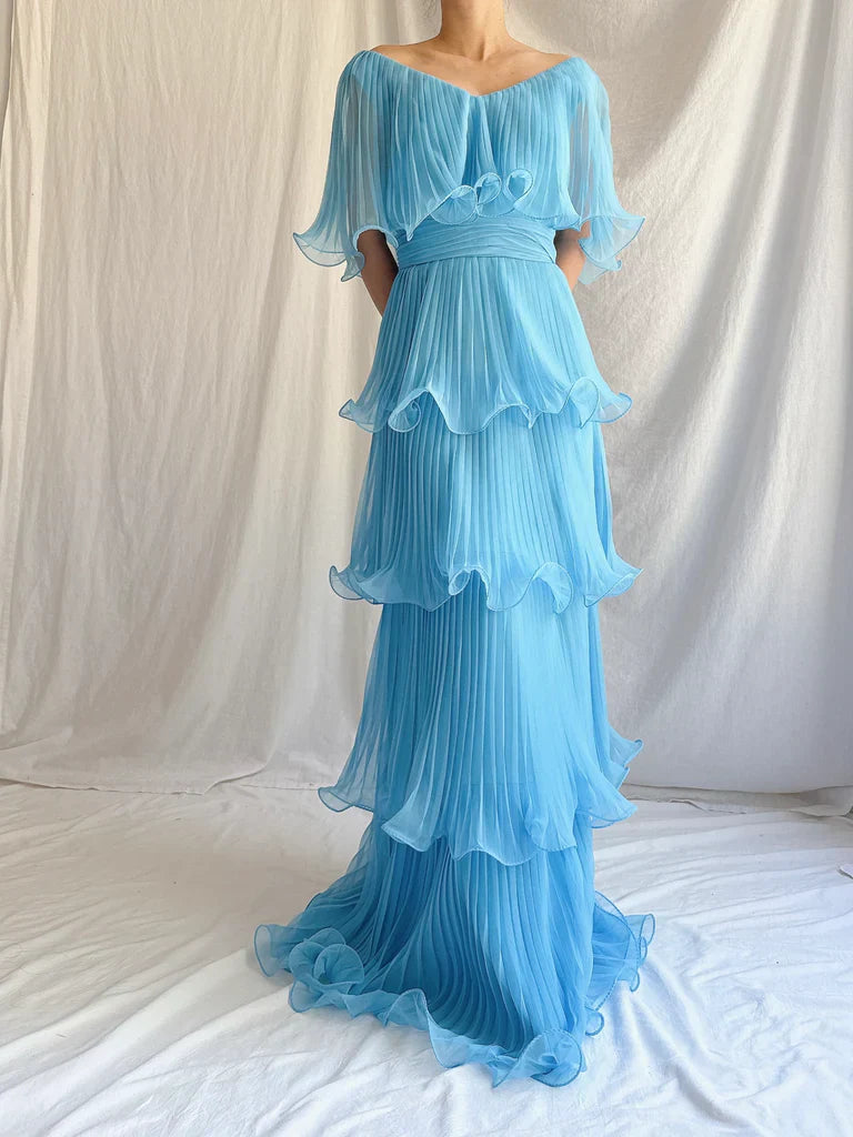 Blue Layered Chiffon A Line V Neck Simple Long Party Dress Evening Dress 18 Birthday Dress simple gentle atmospheric and unique desi Bring summer colors to enhance whiteness