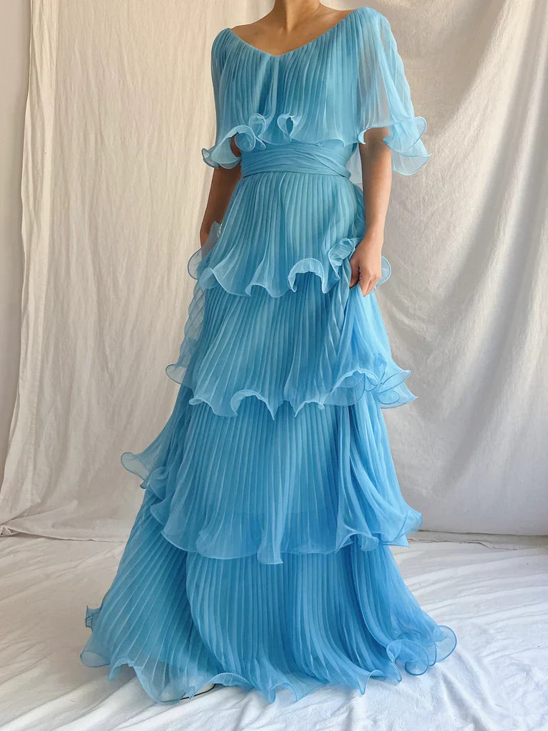 Blue Layered Chiffon A Line V Neck Simple Long Party Dress Evening Dress 18 Birthday Dress simple gentle atmospheric and unique desi Bring summer colors to enhance whiteness