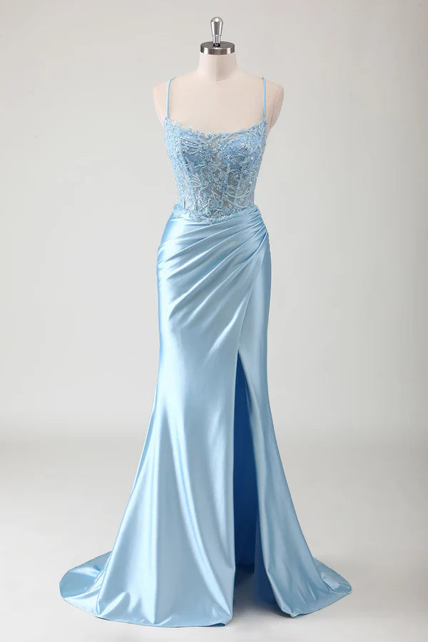 Blue Mermaid Corset Spaghetti Straps Appliqued Long Prom Dress simple gentle atmospheric and unique desi