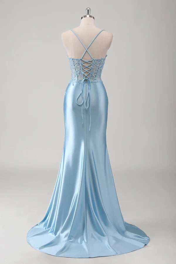 Blue Mermaid Corset Spaghetti Straps Appliqued Long Prom Dress simple gentle atmospheric and unique desi