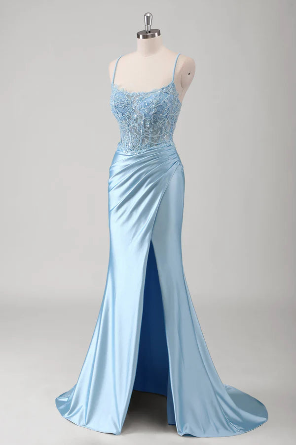Blue Mermaid Corset Spaghetti Straps Appliqued Long Prom Dress simple gentle atmospheric and unique desi