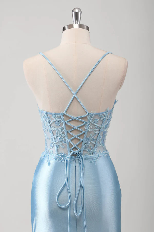 Blue Mermaid Corset Spaghetti Straps Appliqued Long Prom Dress simple gentle atmospheric and unique desi