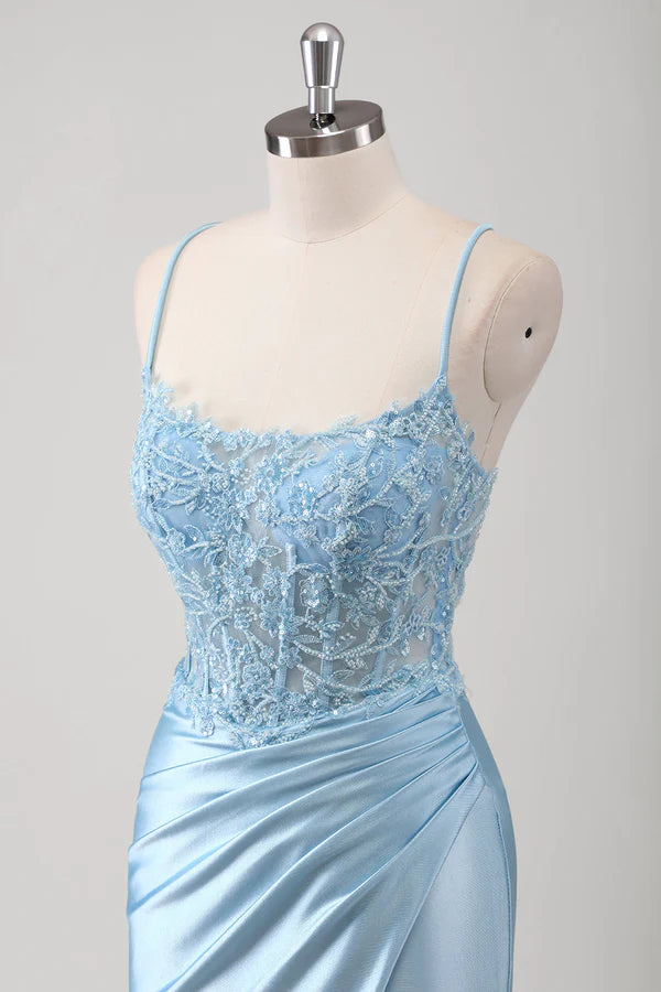 Blue Mermaid Corset Spaghetti Straps Appliqued Long Prom Dress simple gentle atmospheric and unique desi