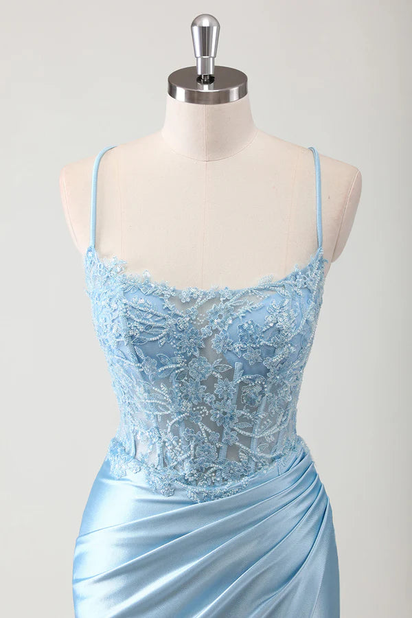 Blue Mermaid Corset Spaghetti Straps Appliqued Long Prom Dress simple gentle atmospheric and unique desi