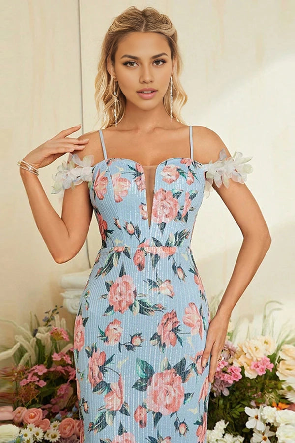 Blue Mermaid Floral Cold Shoulder Long Prom Dress simple gentle atmospheric and unique desi Bring summer colors to enhance whiteness