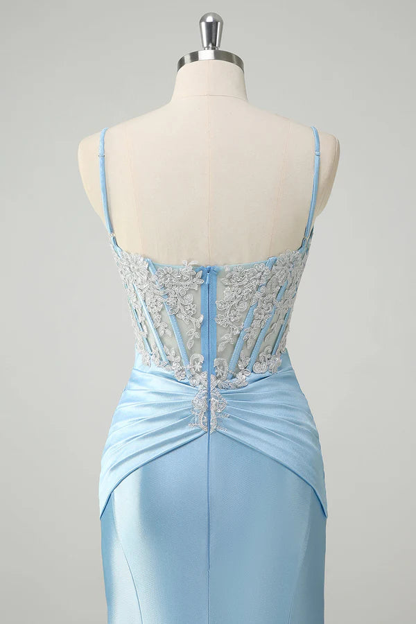 Blue Mermaid Spaghetti Straps Corset Appliqued Prom Dress simple gentle atmospheric and unique desi