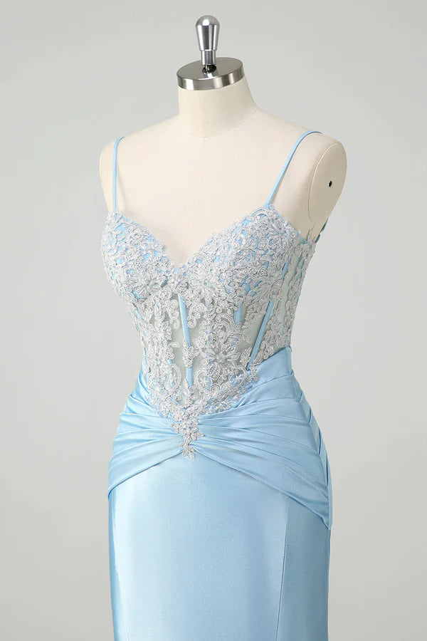 Blue Mermaid Spaghetti Straps Corset Appliqued Prom Dress simple gentle atmospheric and unique desi