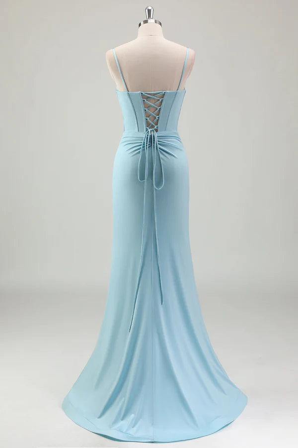 Blue Mermaid Spaghetti Straps Satin Long Corset Prom Dress with Beading simple gentle atmospheric and unique desi