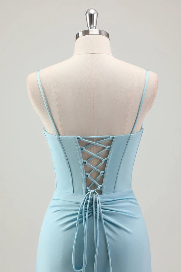 Blue Mermaid Spaghetti Straps Satin Long Corset Prom Dress with Beading simple gentle atmospheric and unique desi