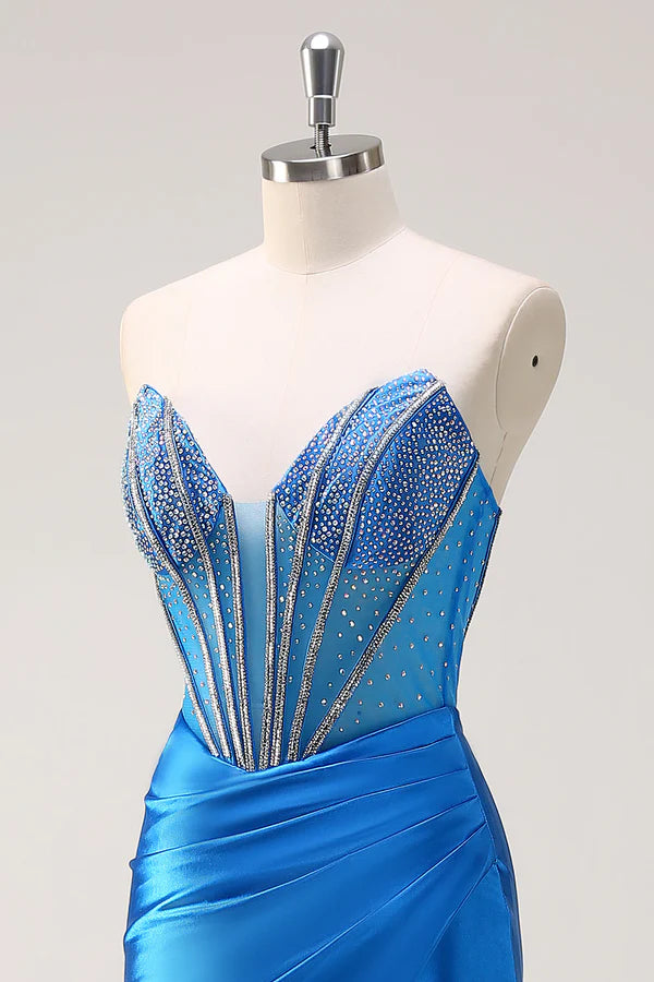 Blue Mermaid Strapless Beaded Corset Prom Dress with Slit simple gentle atmospheric and unique desi Bring summer colors to enhance whiteness