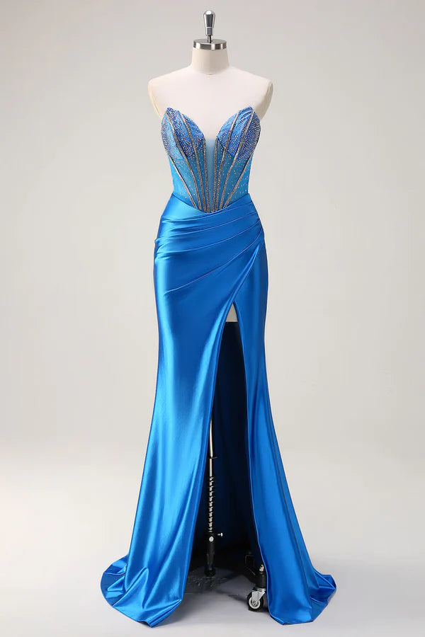 Blue Mermaid Strapless Beaded Corset Prom Dress with Slit simple gentle atmospheric and unique desi Bring summer colors to enhance whiteness
