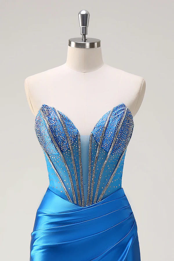 Blue Mermaid Strapless Beaded Corset Prom Dress with Slit simple gentle atmospheric and unique desi Bring summer colors to enhance whiteness