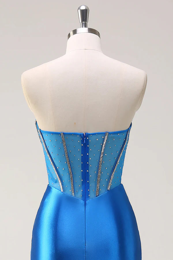 Blue Mermaid Strapless Beaded Corset Prom Dress with Slit simple gentle atmospheric and unique desi Bring summer colors to enhance whiteness