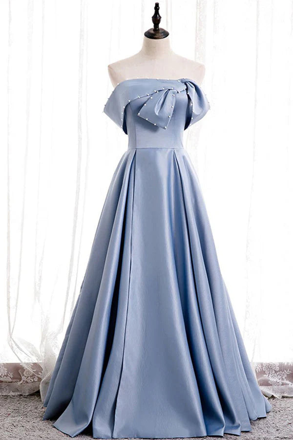 Blue Off The Shoulder Long Prom Dress With Beading simple gentle atmospheric and unique desi Bring summer colors to enhance whiteness