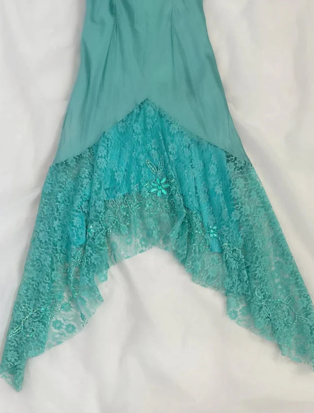 Blue Retro A Line Spaghetti Straps Beaded Lace Satin Homecoming Dress Cocktail Dress simple gentle atmospheric and unique desi Bring summer colors to enhance whiteness