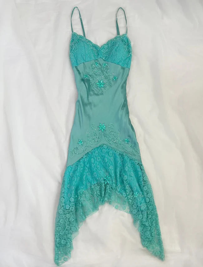 Blue Retro A Line Spaghetti Straps Beaded Lace Satin Homecoming Dress Cocktail Dress simple gentle atmospheric and unique desi Bring summer colors to enhance whiteness