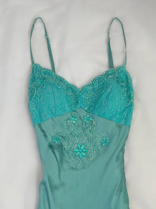 Blue Retro A Line Spaghetti Straps Beaded Lace Satin Homecoming Dress Cocktail Dress simple gentle atmospheric and unique desi Bring summer colors to enhance whiteness