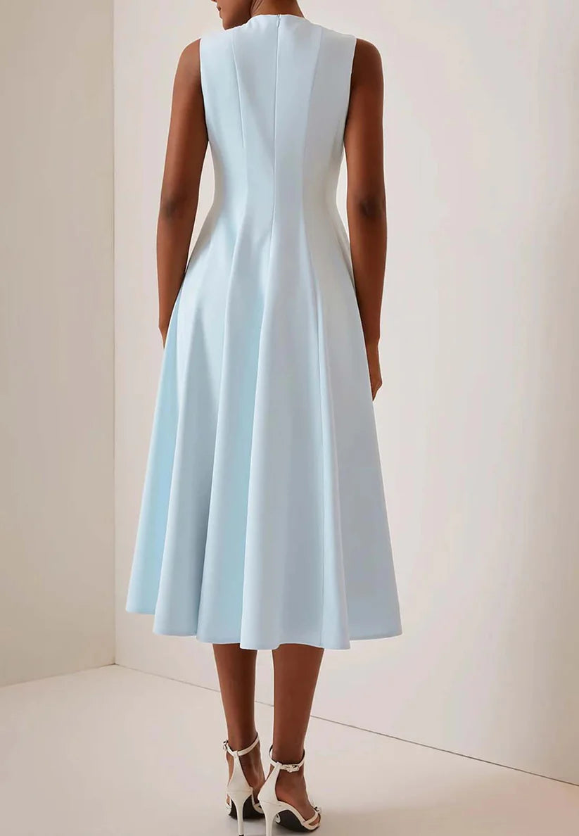 Blue Ruched Crew Neck Sleeveless A-Line Midi Dress simple gentle atmospheric and unique desi Bring summer colors to enhance whiteness