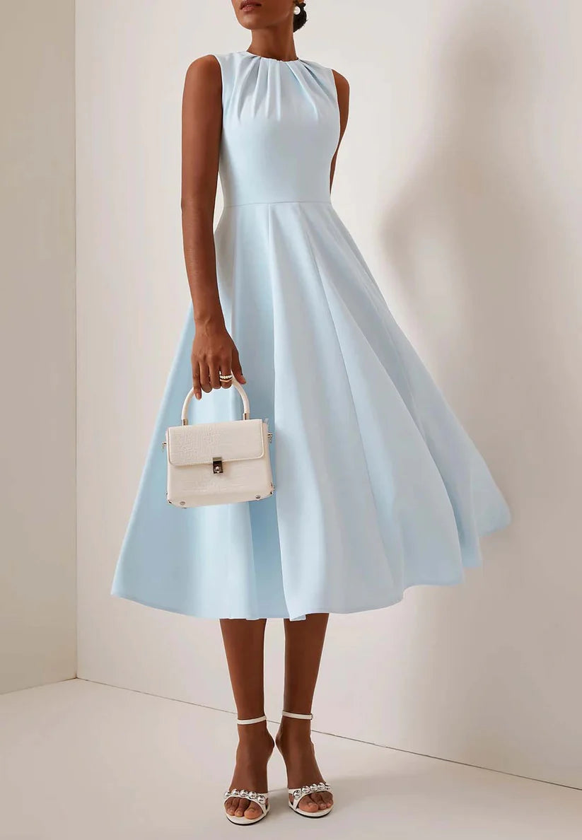 Blue Ruched Crew Neck Sleeveless A-Line Midi Dress simple gentle atmospheric and unique desi Bring summer colors to enhance whiteness