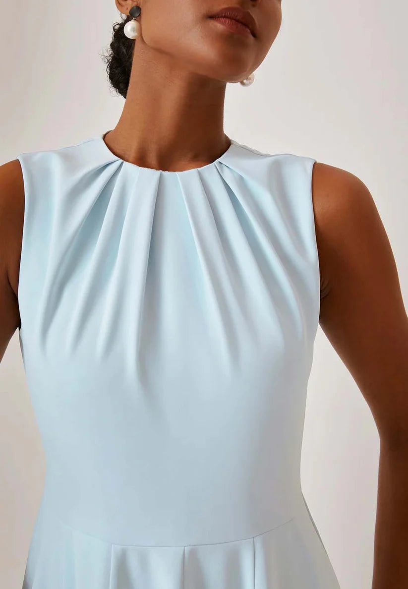 Blue Ruched Crew Neck Sleeveless A-Line Midi Dress simple gentle atmospheric and unique desi Bring summer colors to enhance whiteness