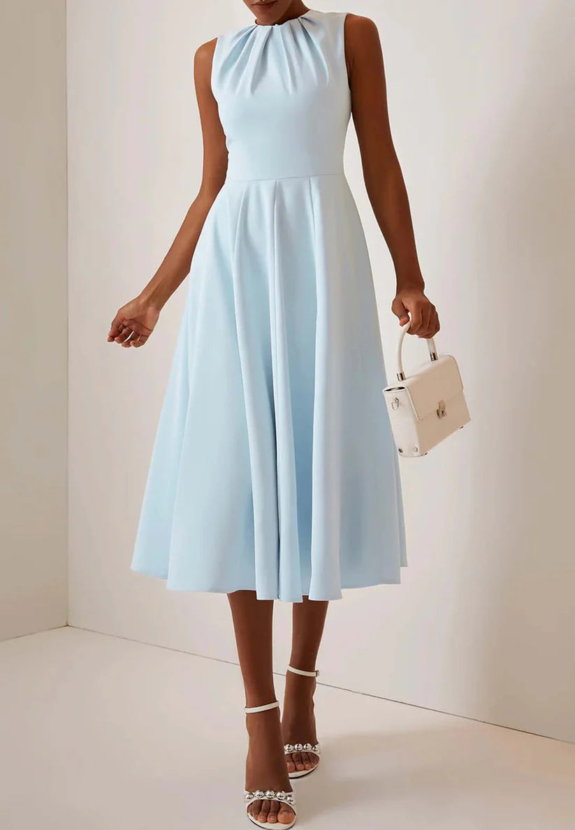 Blue Ruched Crew Neck Sleeveless A-Line Midi Dress simple gentle atmospheric and unique desi Bring summer colors to enhance whiteness