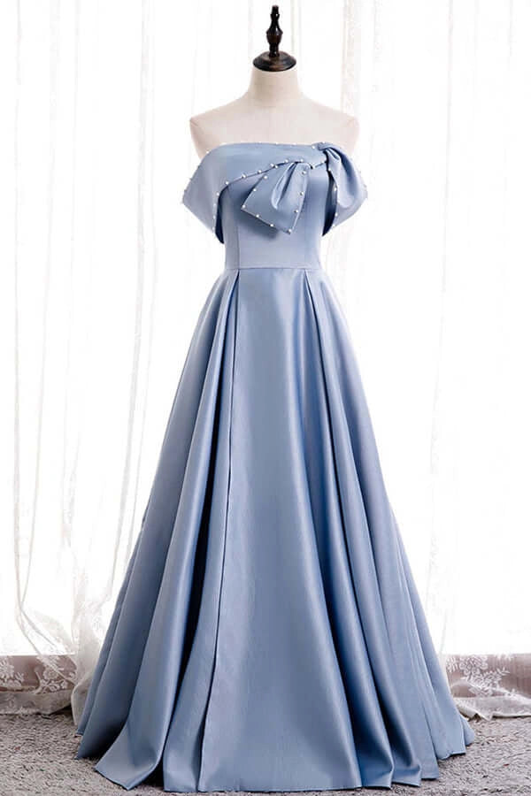 Blue Satin A-line Off-the-Shoulder Beaded Prom Dresses evening party dress simple gentle atmospheric and unique desi Bring summer colors to enhance whiteness