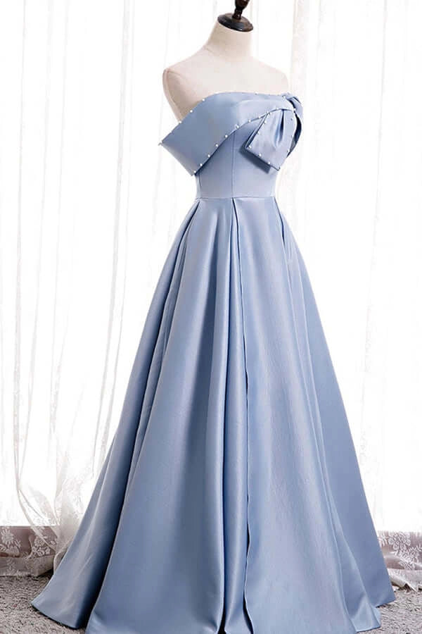 Blue Satin A-line Off-the-Shoulder Beaded Prom Dresses evening party dress simple gentle atmospheric and unique desi Bring summer colors to enhance whiteness
