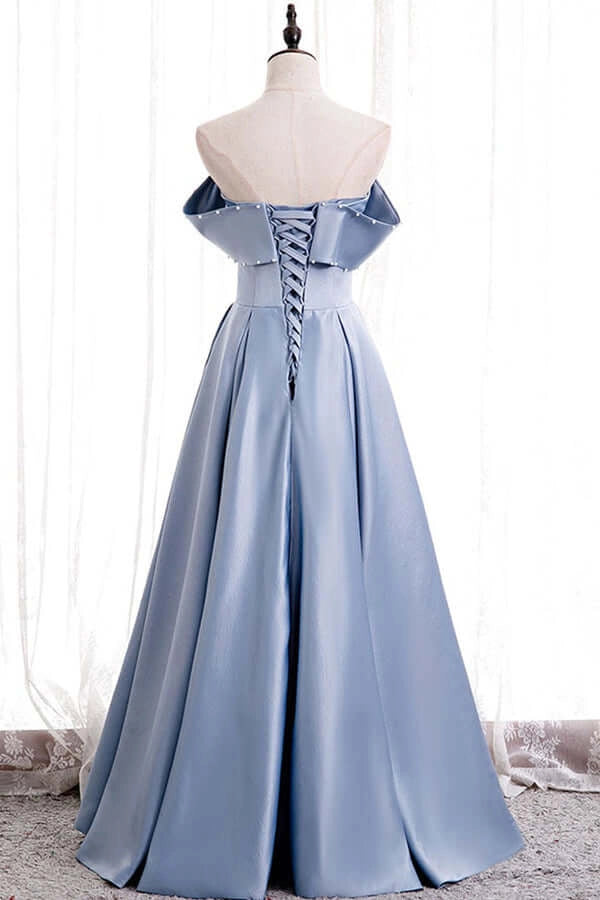 Blue Satin A-line Off-the-Shoulder Beaded Prom Dresses evening party dress simple gentle atmospheric and unique desi Bring summer colors to enhance whiteness