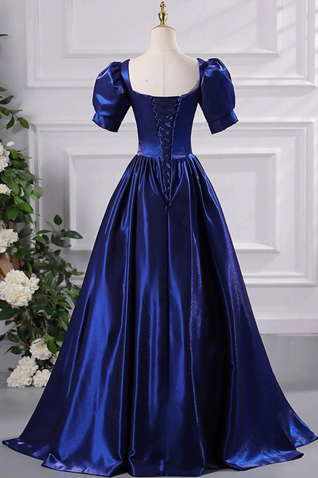 Blue Satin Floor Length Prom Dress A-Line Short Sleeve Backless Evening Party Dress simple gentle atmospheric and unique desi Bring summer