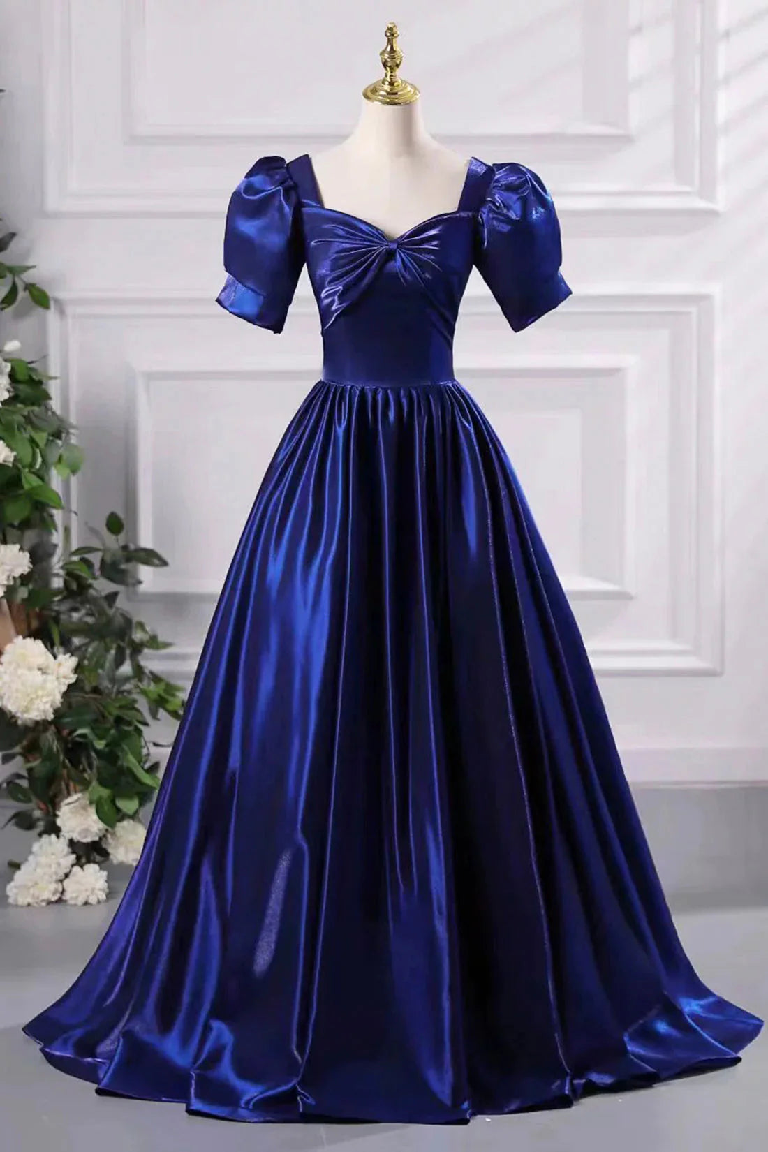 Blue Satin Floor Length Prom Dress A-Line Short Sleeve Backless Evening Party Dress simple gentle atmospheric and unique desi Bring summer