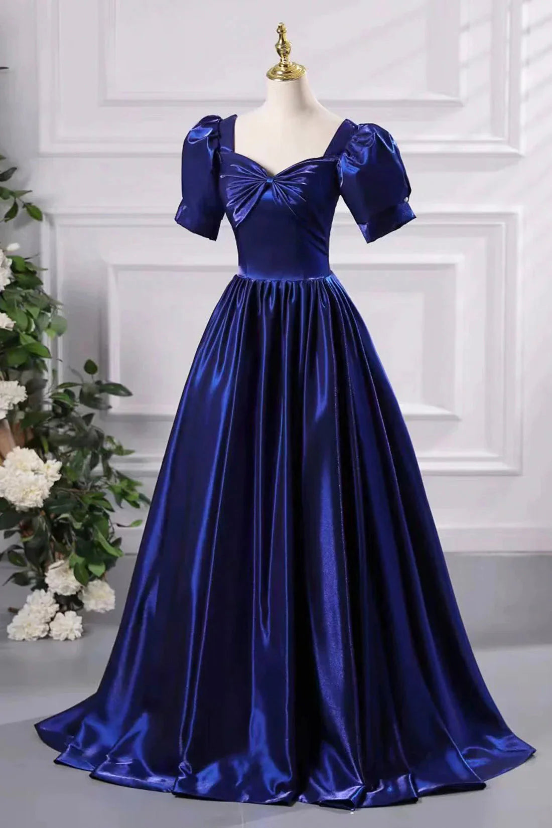 Blue Satin Floor Length Prom Dress A-Line Short Sleeve Backless Evening Party Dress simple gentle atmospheric and unique desi Bring summer