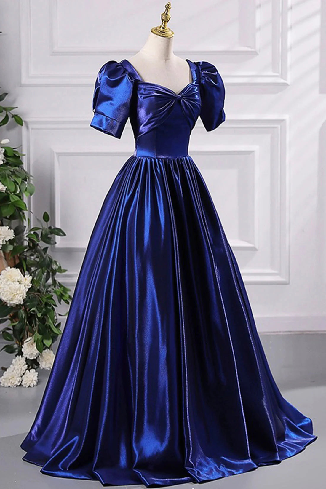 Blue Satin Floor Length Prom Dress A-Line Short Sleeve Backless Evening Party Dress simple gentle atmospheric and unique desi Bring summer