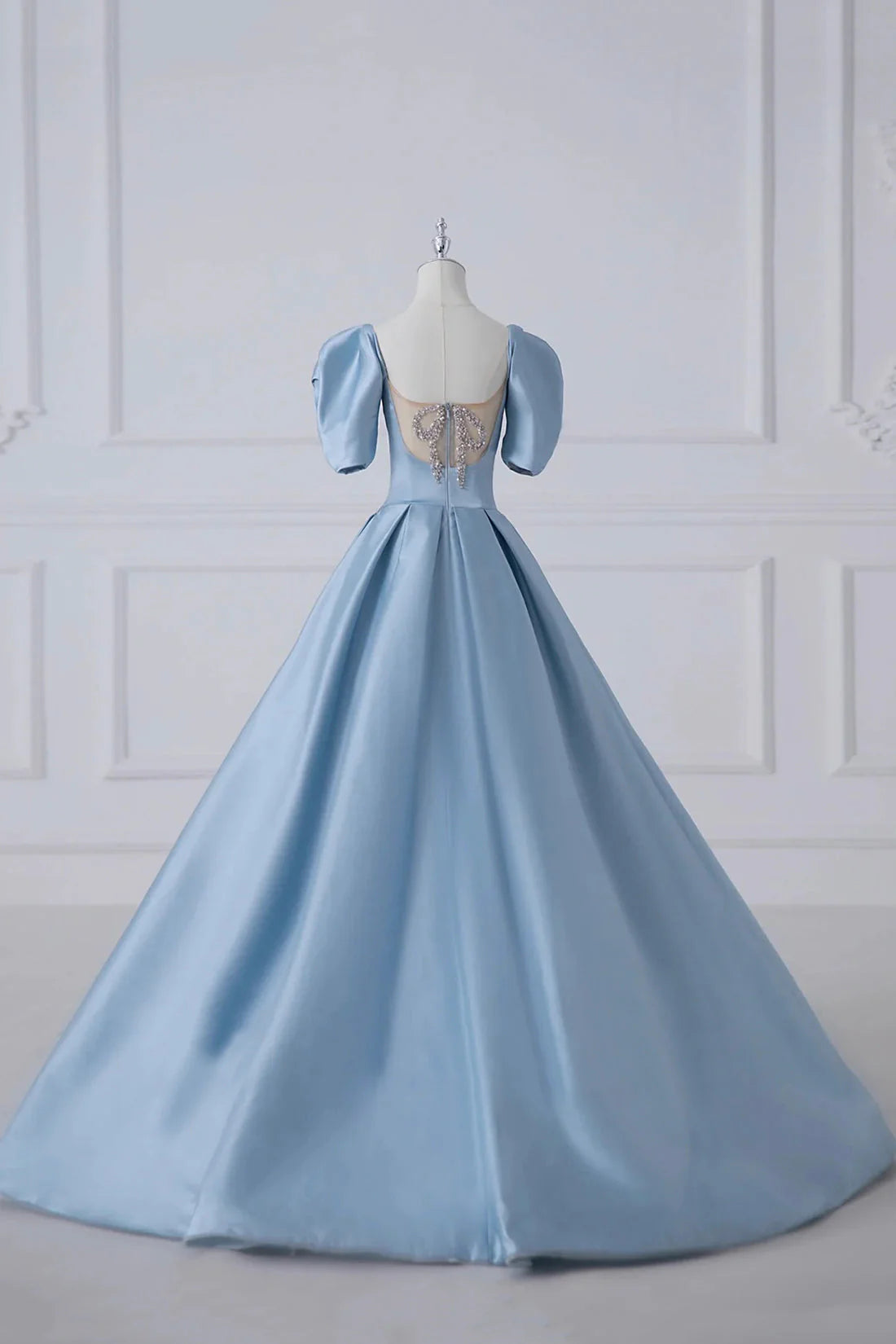 Blue Satin Long A-Line Prom Dress Beautiful A-Line Short Sleeve Evening Dress simple gentle atmospheric and unique desi Bring summer colors to enhance white