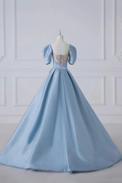 Blue Satin Long A-Line Prom Dress Beautiful A-Line Short Sleeve Evening Dress simple gentle atmospheric and unique desi Bring summer colors to enhance white