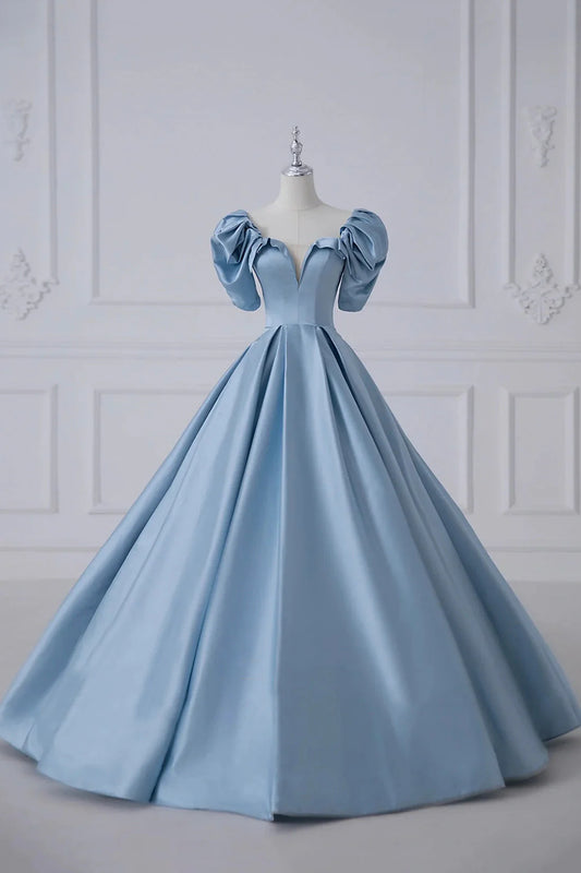 Blue Satin Long A-Line Prom Dress Beautiful A-Line Short Sleeve Evening Dress simple gentle atmospheric and unique desi Bring summer colors to enhance white