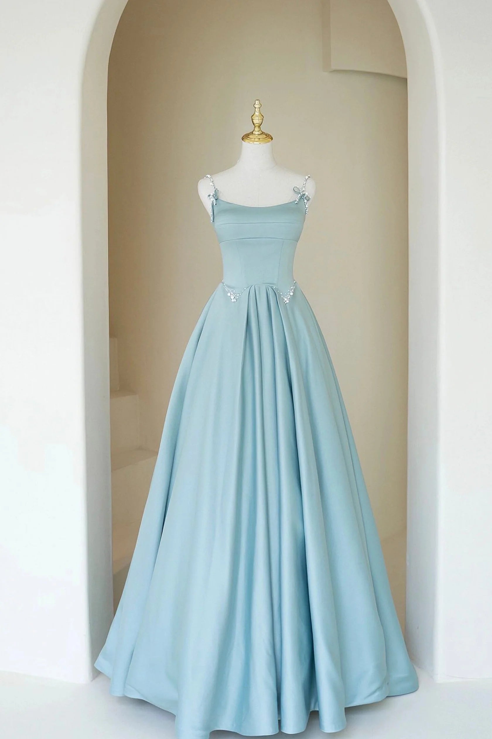 Blue Satin Long A-Line Prom Dress Beautiful Spaghetti Straps Evening Dress simple gentle atmospheric and unique desi Bring summer colors to enhance white