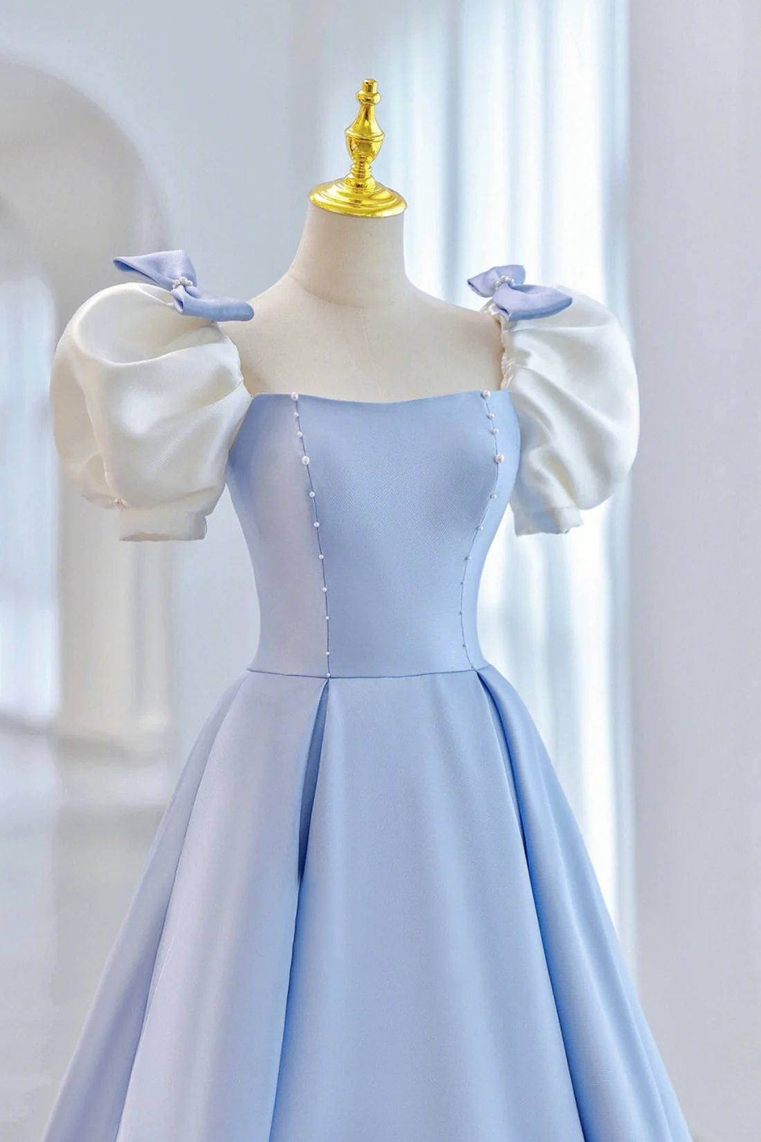 Blue Satin Long A-Line Prom Dress Lovely Short Sleeve Formal Evening Dress simple gentle atmospheric and unique desi Bring summer colors to enhance white