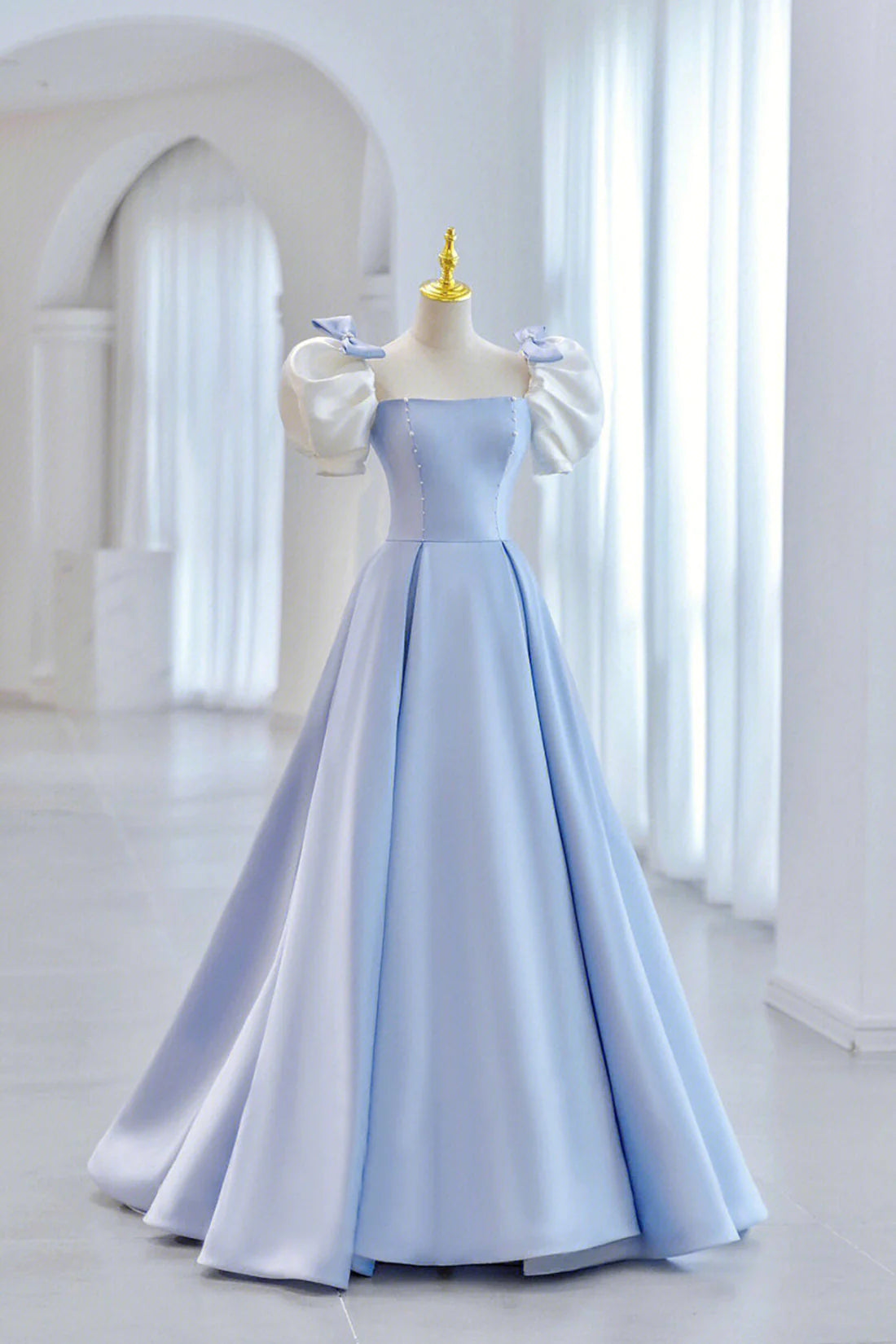 Blue Satin Long A-Line Prom Dress Lovely Short Sleeve Formal Evening Dress simple gentle atmospheric and unique desi Bring summer colors to enhance white